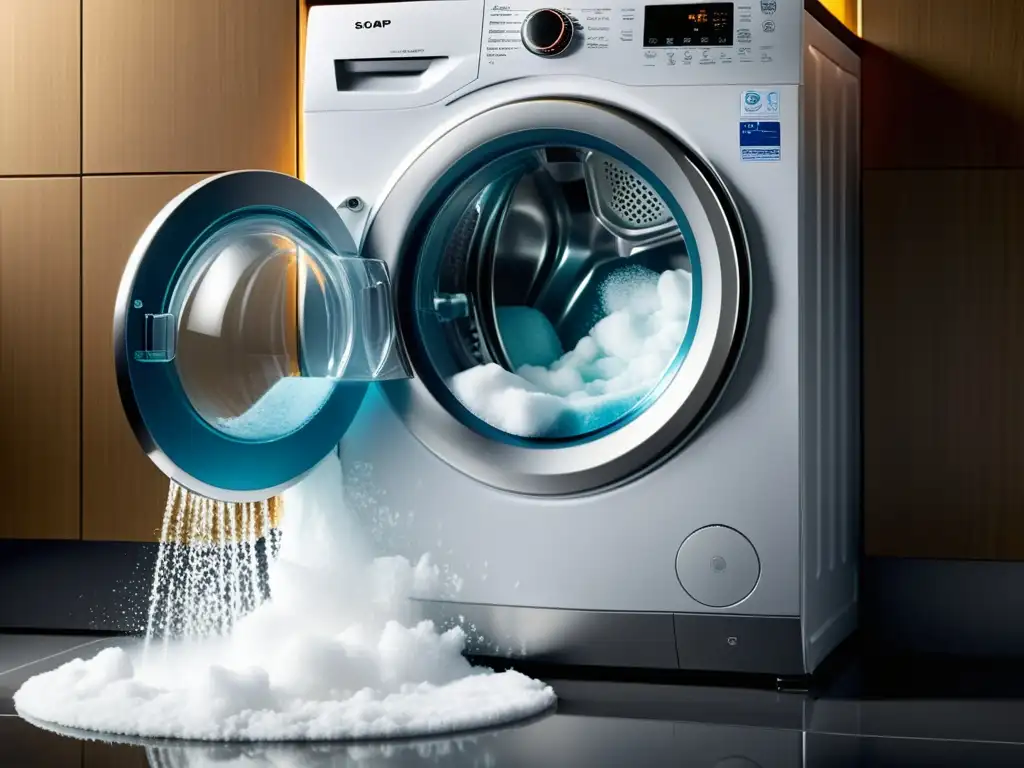 Espuma desbordante: el impacto visual de una lavadora moderna Espuma desbordante y moderna lavadora carga frontal crea urgencia por soluciones a exceso de espuma