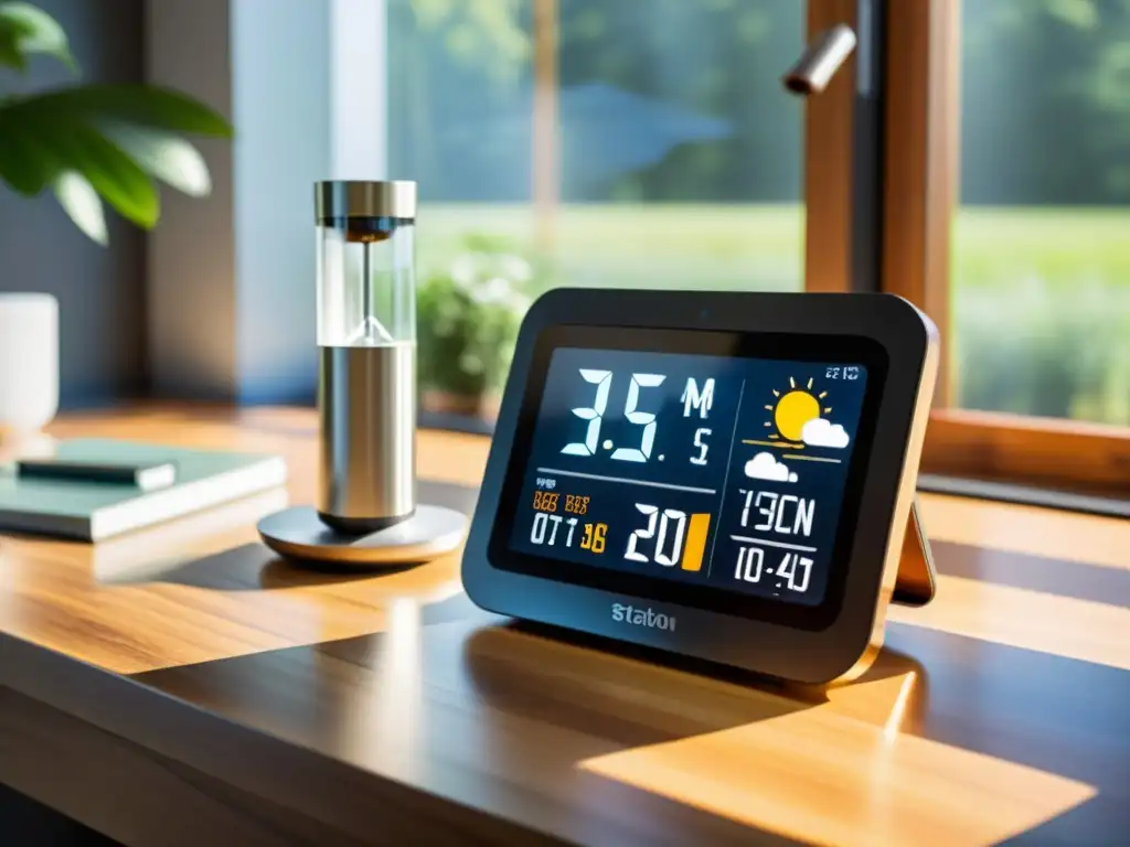 Estación meteorológica en casa: tecnología moderna y clima en tiempo real Una estación meteorológica doméstica en un escritorio de madera, con luz solar iluminando el espacio y un smartphone mostrando una app del clima en segundo plano