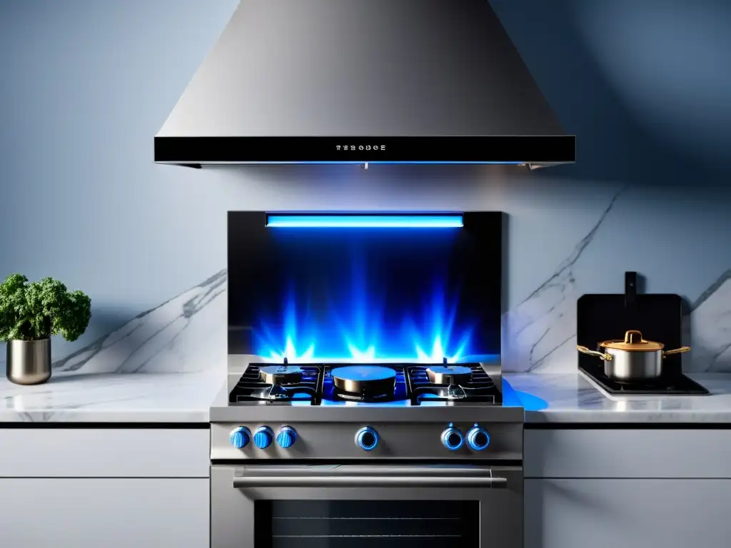 Estufa de gas moderna con llamas azules en cocina contemporánea Estufa a gas moderna con pantalla táctil LED y llamas azules, en una cocina contemporánea con tecnología de gas