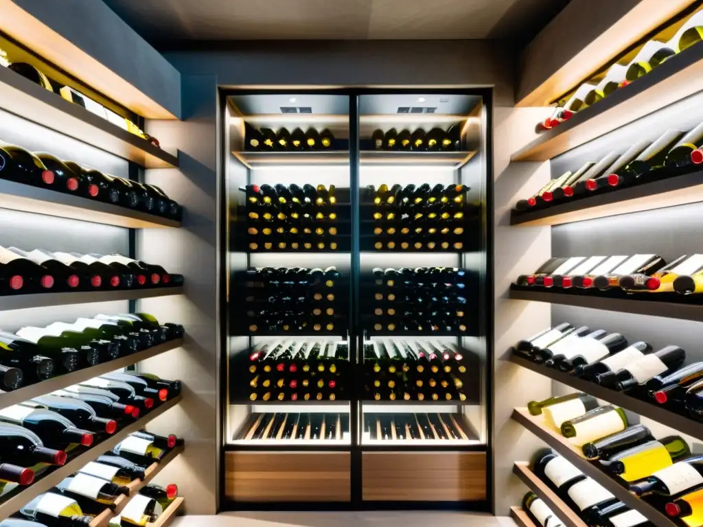 Cava de vinos de lujo: minimalista, elegante y exclusiva Exclusiva bodega con las mejores cavas vinos alta gama, iluminada por LED cálido, elegante y sofisticada