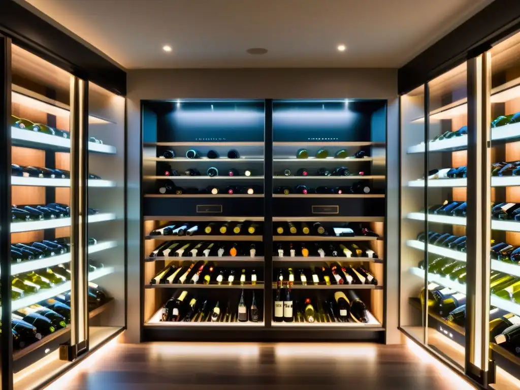 Exclusiva bodega de vinos de lujo: elegancia moderna y sofisticación Exclusiva bodega de vinos de alta gama, con diseño moderno y las mejores cavas de vino meticulosamente organizadas en estantes de vidrio iluminados