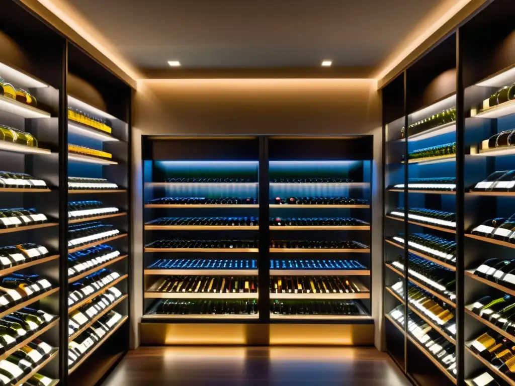 Cava de vinos de lujo: elegancia y exclusividad Una exclusiva cava de vinos de alta gama, con botellas meticulosamente organizadas y una iluminación ambiental que irradia lujo y sofisticación