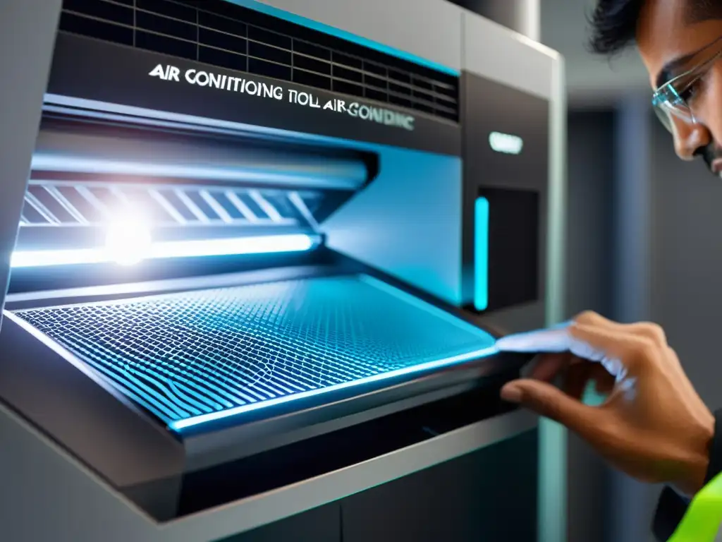 Personalizando una unidad de aire acondicionado con precisión Un experto personaliza con precisión un aire acondicionado, añadiendo tecnología y estilo futurista al hogar