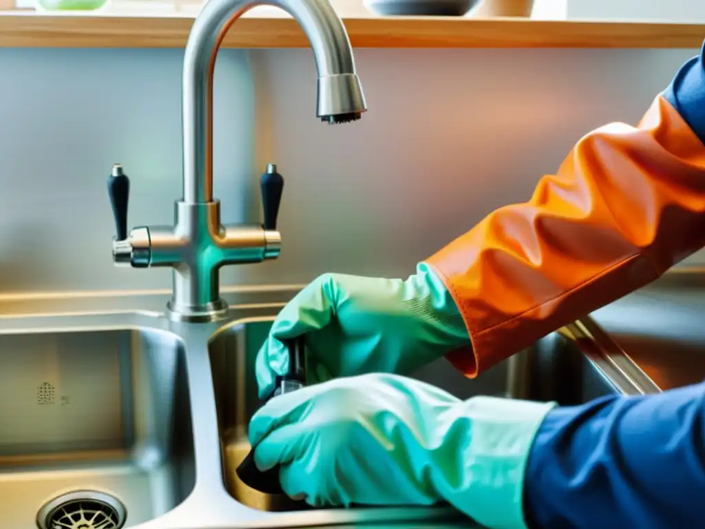 Experto en plomería arregla un triturador de basura Un experto resuelve un atasco en un triturador de basura doméstico bajo el fregadero de la cocina