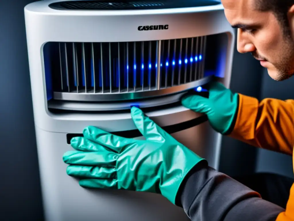 Detalle profesional: mantenimiento de purificador de aire Un experto realiza el cambio de filtros en un purificador de aire con determinación y precisión, creando una imagen moderna y profesional