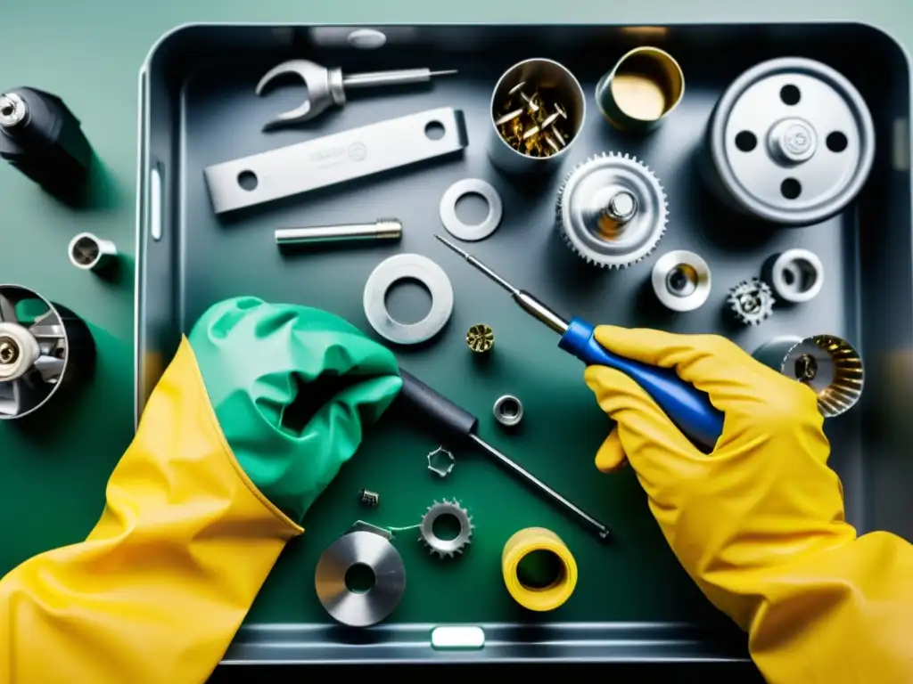 Desmontaje experto de electrodoméstico para reciclaje responsable Un experto desmonta con cuidado un electrodoméstico para reciclar sus partes, destacando la precisión y responsabilidad en el proceso