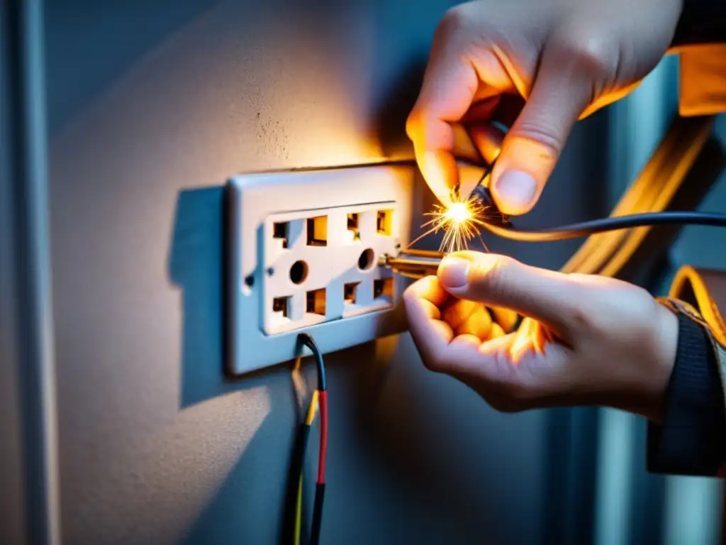 Experto en electricidad repara con precisión Un experto repara con cuidado un enchufe quemado, mostrando precisión y profesionalismo en un entorno seguro y acogedor