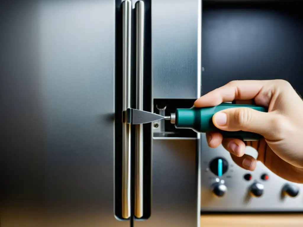 Reparación meticulosa: desmontaje de electrodoméstico con destornillador Un experto repara con determinación un electrodoméstico en casa