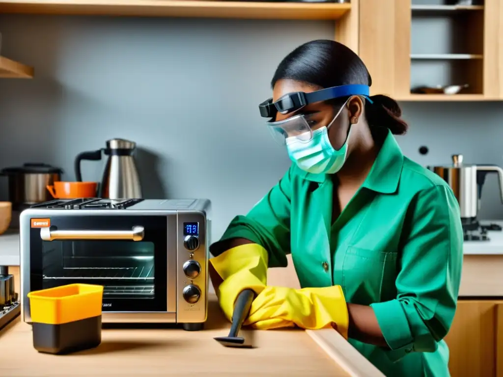 Experto en reparaciones: seguridad y precisión en acción Un experto repara un electrodoméstico en un espacio bien iluminado y organizado