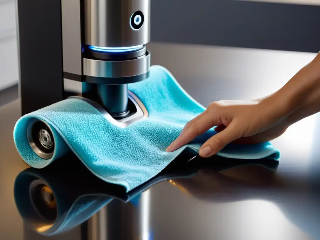 Limpieza detallada de robot de cocina Un experto cuida con esmero cada detalle del mantenimiento del robot de cocina, resaltando su modernidad y precisión