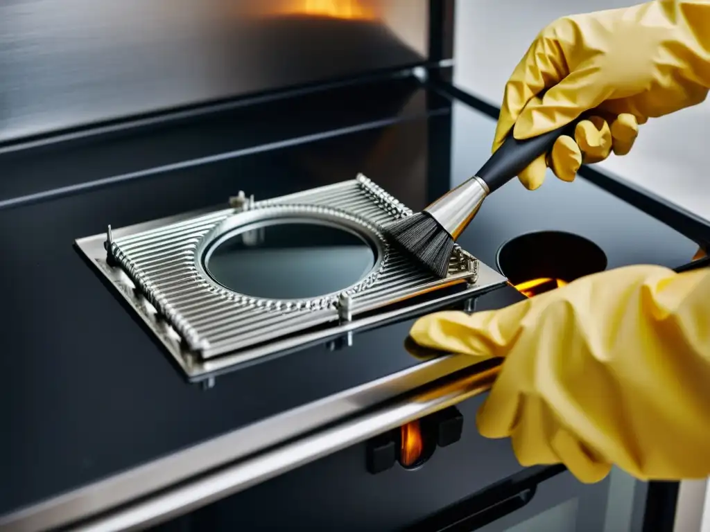 Limpieza detallada de bobinas de estufa de inducción Un experto limpia meticulosamente las bobinas de una estufa de inducción, transmitiendo precisión y profesionalismo