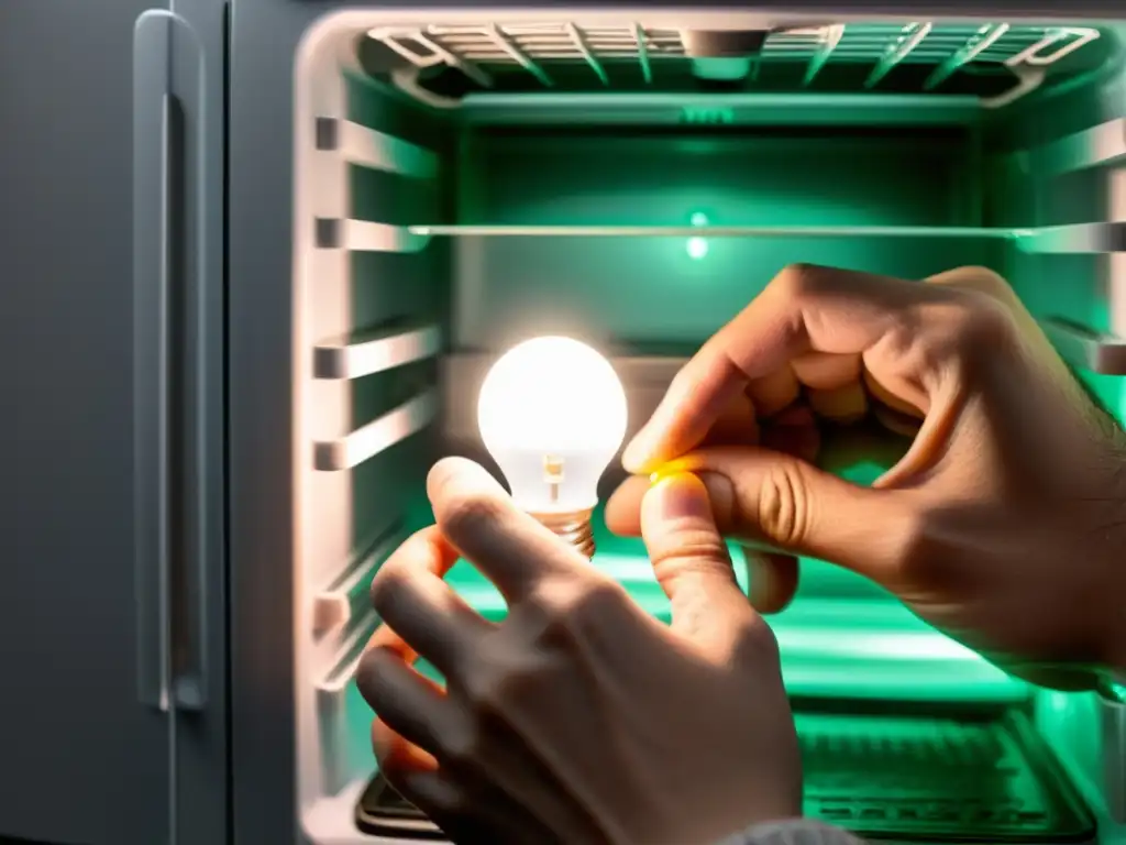 Sustitución precisa de bombilla LED en refrigerador Un experto reemplaza las luces LED de la nevera con precisión, iluminando el interior con un brillo suave