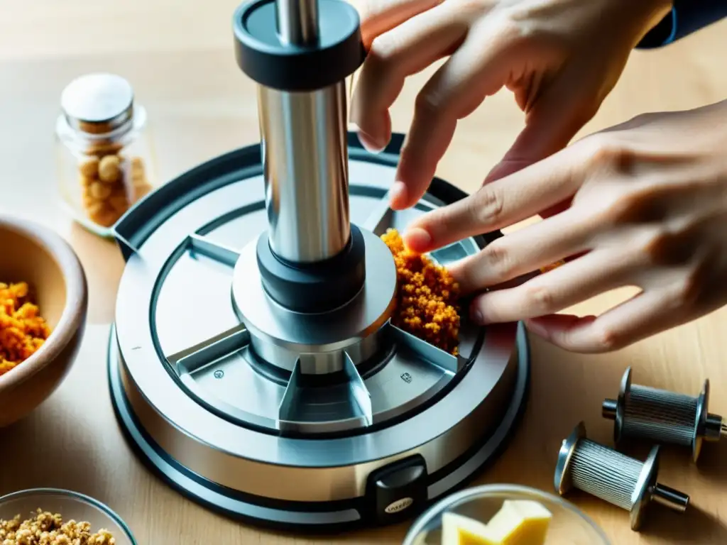 Reparación profesional de procesador de alimentos Un experto reparando el mecanismo de bloqueo de un procesador de alimentos, con precisión y profesionalismo
