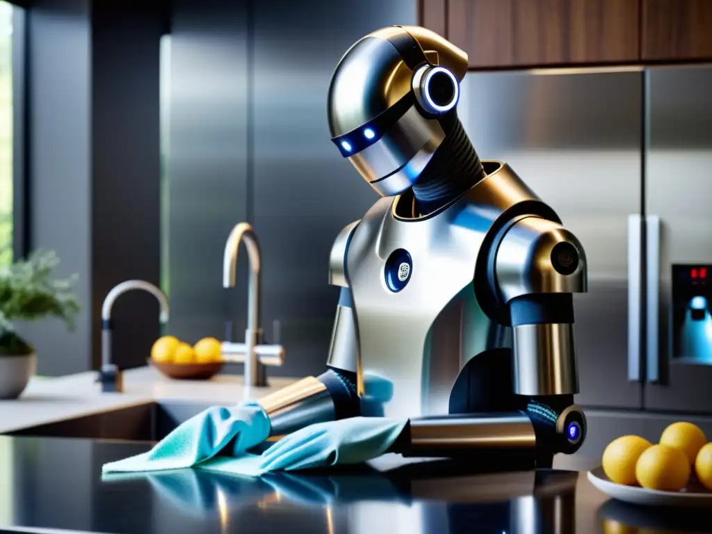 Limpieza profesional de robot de cocina Un experto cuida con precisión el mantenimiento del robot de cocina electrodoméstico de acero inoxidable en una atmósfera profesional y acogedora