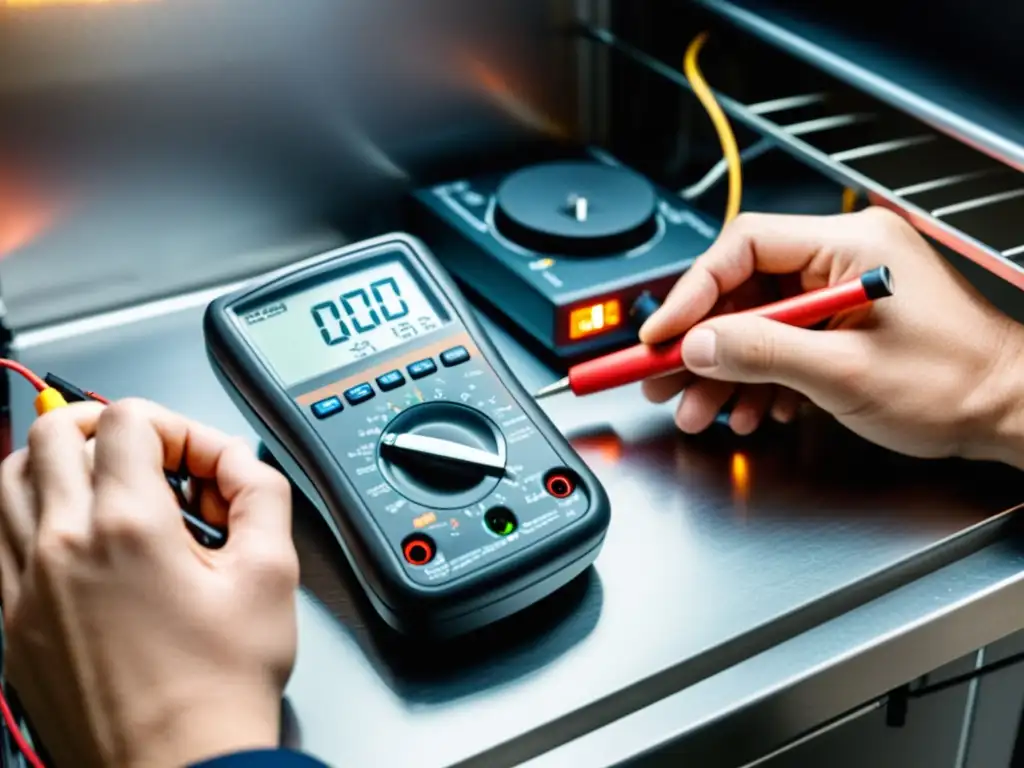 Experto probando estufa de inducción con multímetro Un experto realiza pruebas con un multímetro en la conexión eléctrica de una estufa de inducción
