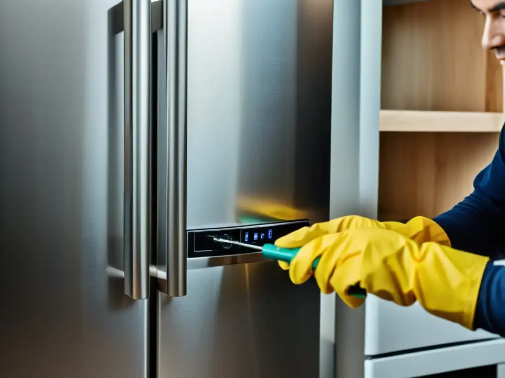 Reparación profesional de refrigeradores en cocina moderna Un experto repara con concentración un refrigerador de acero inoxidable en una cocina moderna y ordenada