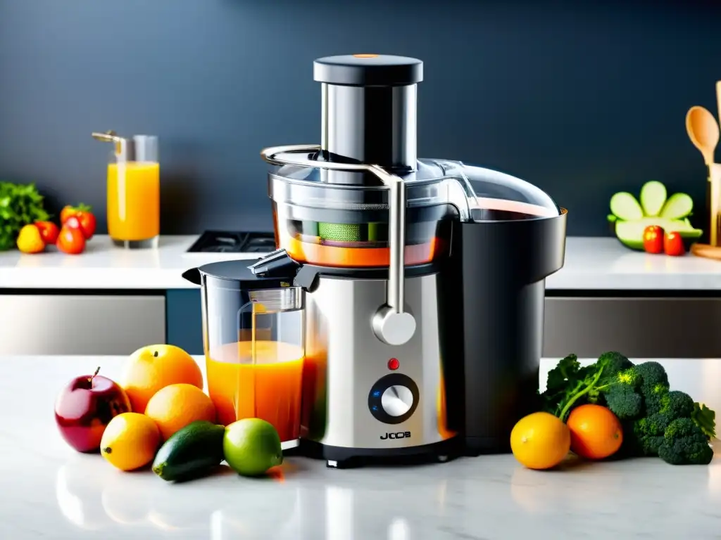Exprimidor automático de diseño moderno en una cocina vibrante Exprimidor automático en cocina moderna con frutas y verduras frescas