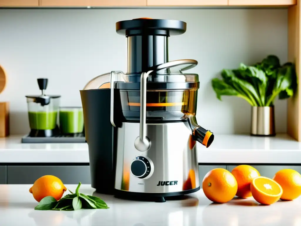Exprimidor automático de acero inoxidable en una cocina luminosa Un exprimidor automático de diseño elegante en una encimera blanca, listo para crear jugo de naranjas y verduras