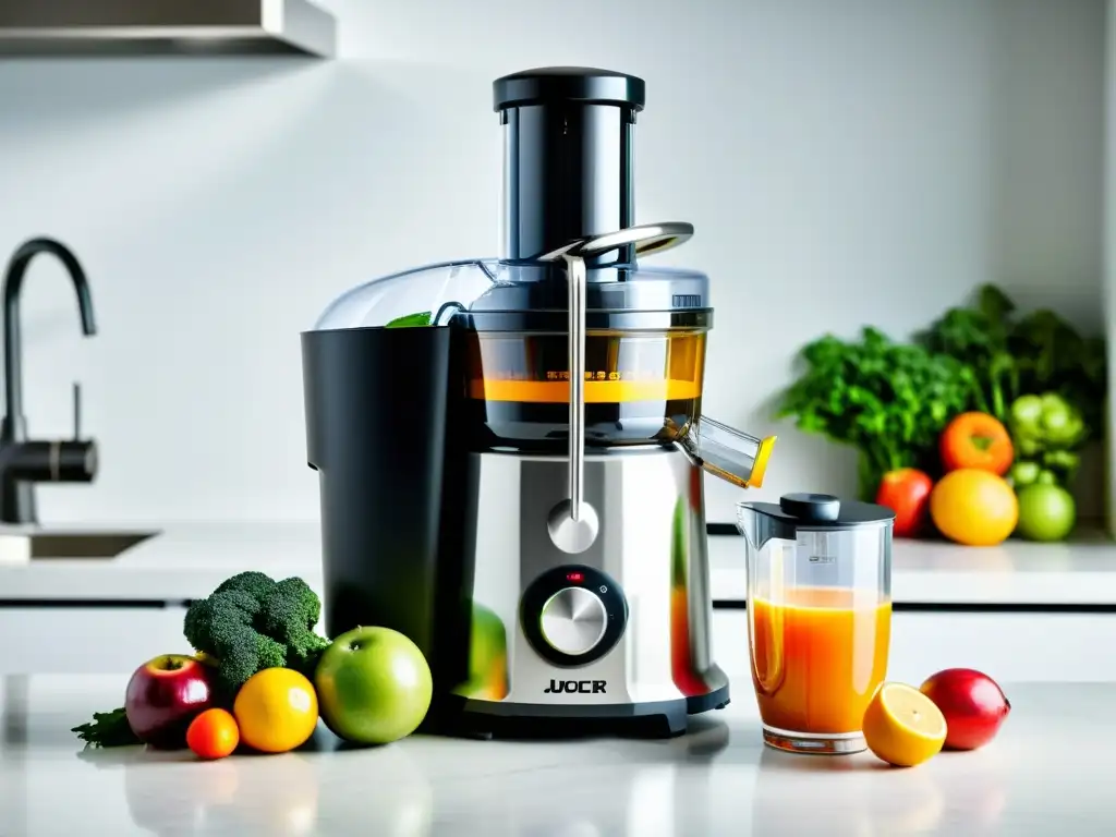 Exprimidor automático moderno en cocina limpia Un exprimidor automático de diseño elegante en una cocina blanca y limpia, rodeado de frutas y verduras frescas y vibrantes