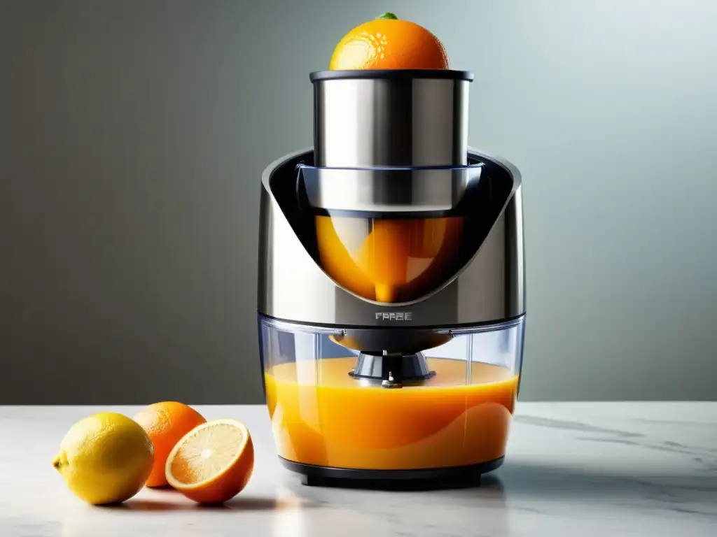 Exprimidor automático de cítricos: frescura y elegancia en acción Un exprimidor automático moderno exprimiendo cítricos frescos para un estilo de vida saludable