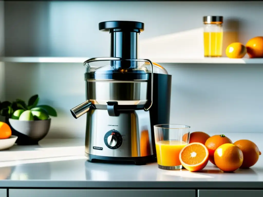 Exprimidor automático de acero inoxidable en acción Exprimidor automático moderno en una cocina blanca, extrayendo jugo de naranja fresco