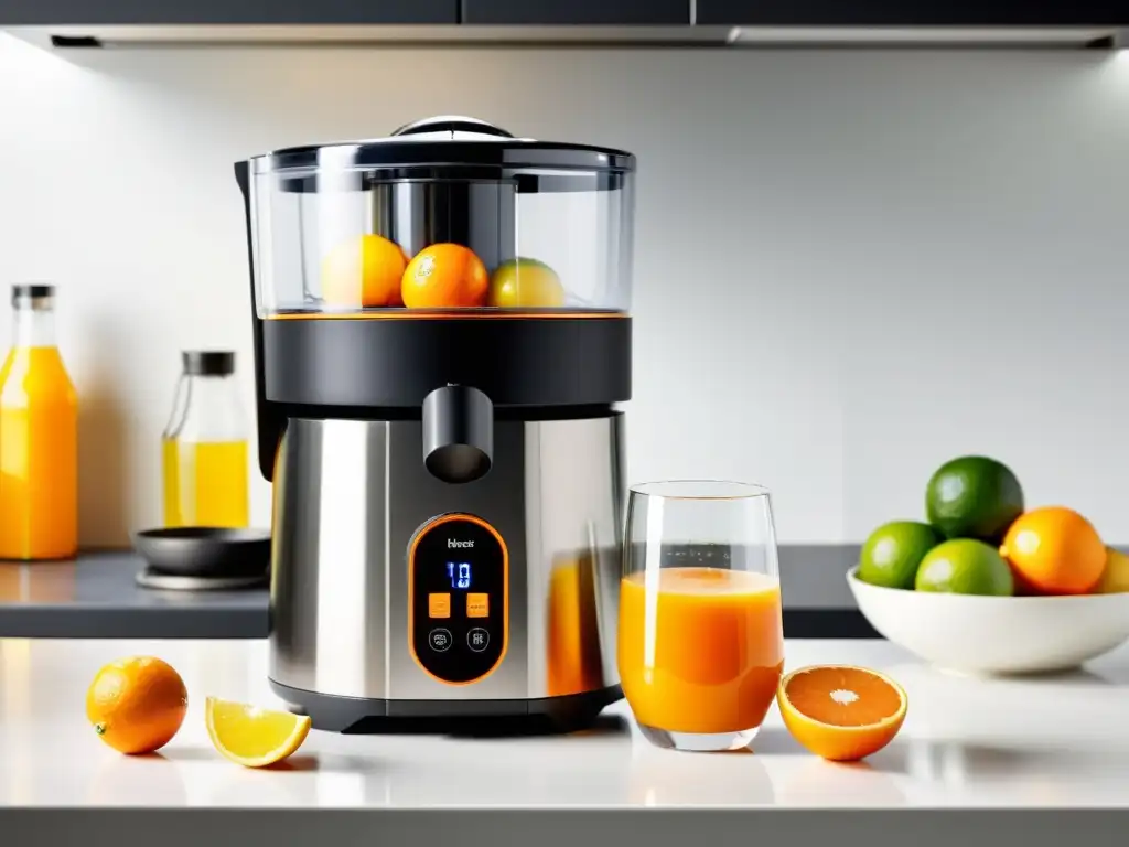 Exprimidor automático de cítricos: eficiencia y frescura Un exprimidor automático moderno en un elegante mostrador blanco, exprimiendo cítricos para un estilo de vida saludable con eficiencia y tecnología