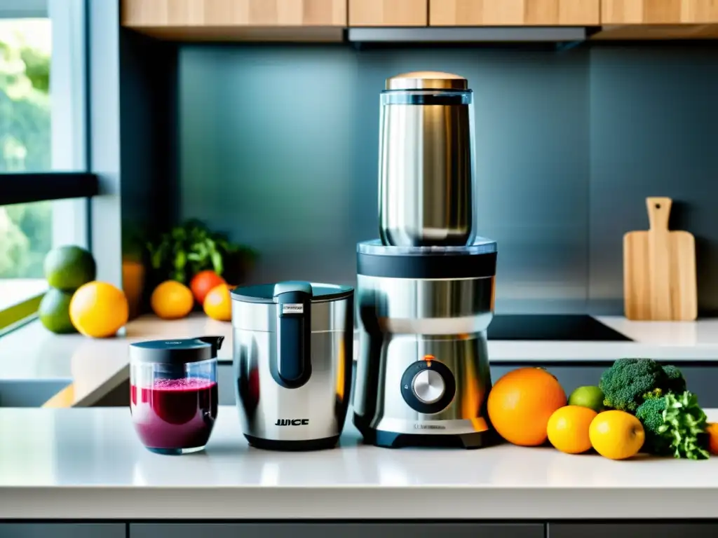Exprimidor y licuadora de alta tecnología en cocina contemporánea Un exprimidor licuadora de alta potencia en una cocina contemporánea con frutas frescas y vegetales listos para ser transformados