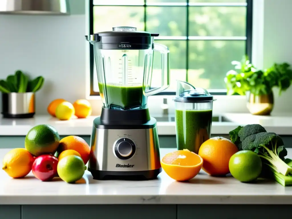 Batidora y exprimidor de acero inoxidable con frutas frescas Exprimidor licuadora alta potencia en un moderno ambiente de cocina, con frutas y verduras frescas, creando una atmósfera vibrante y saludable