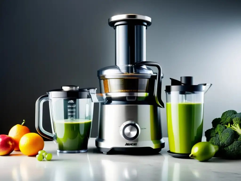 Potente extractor de jugos y licuadora en cocina moderna Un exprimidor licuadora de alta potencia en una cocina impecable con frutas y verduras frescas, iluminado con suavidad y sofisticación