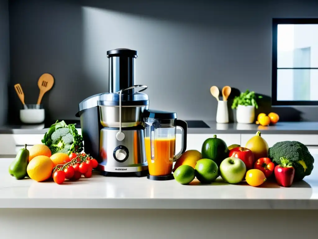 Exprimidor y licuadora potente: frescura y vitalidad Un exprimidor licuadora de alta potencia en una cocina moderna, rodeado de frutas y verduras frescas, con un brillo vibrante y energético
