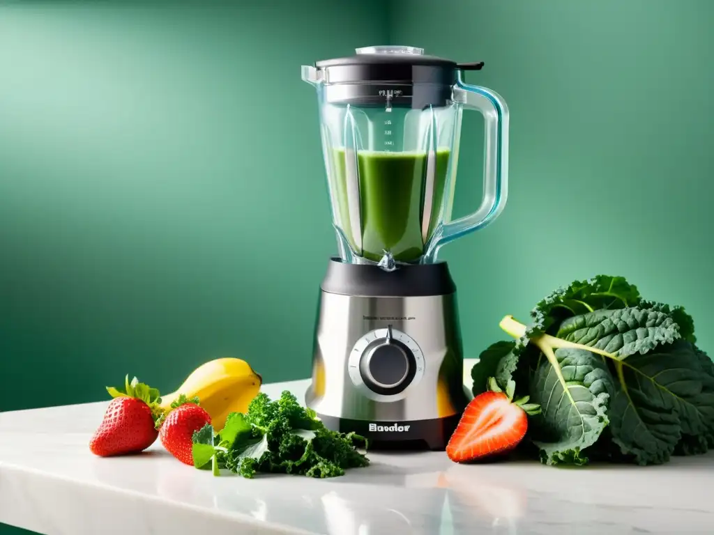 Batidora de alta potencia con ingredientes vibrantes en una cocina moderna Exprimidor licuadora alta potencia en cocina moderna con ingredientes frescos y colores vibrantes