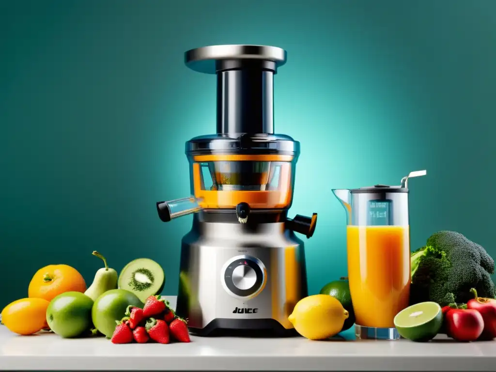 Exprimidor y licuadora de alta potencia con frutas frescas Exprimidor licuadora alta potencia con vibrante variedad de frutas y vegetales, un diseño moderno y eficiencia en la extracción de nutrientes