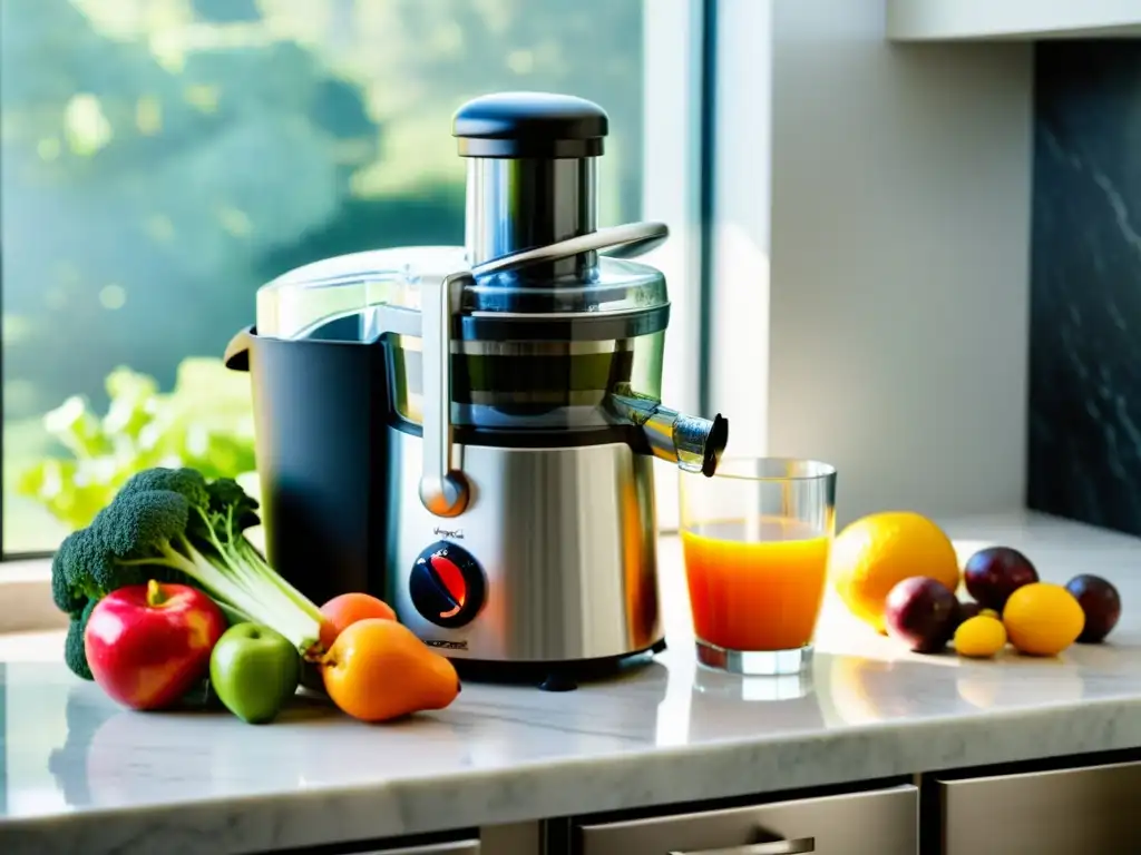 Exprimidor premium de acero inoxidable en una encimera de mármol, rodeado de frutas y verduras frescas