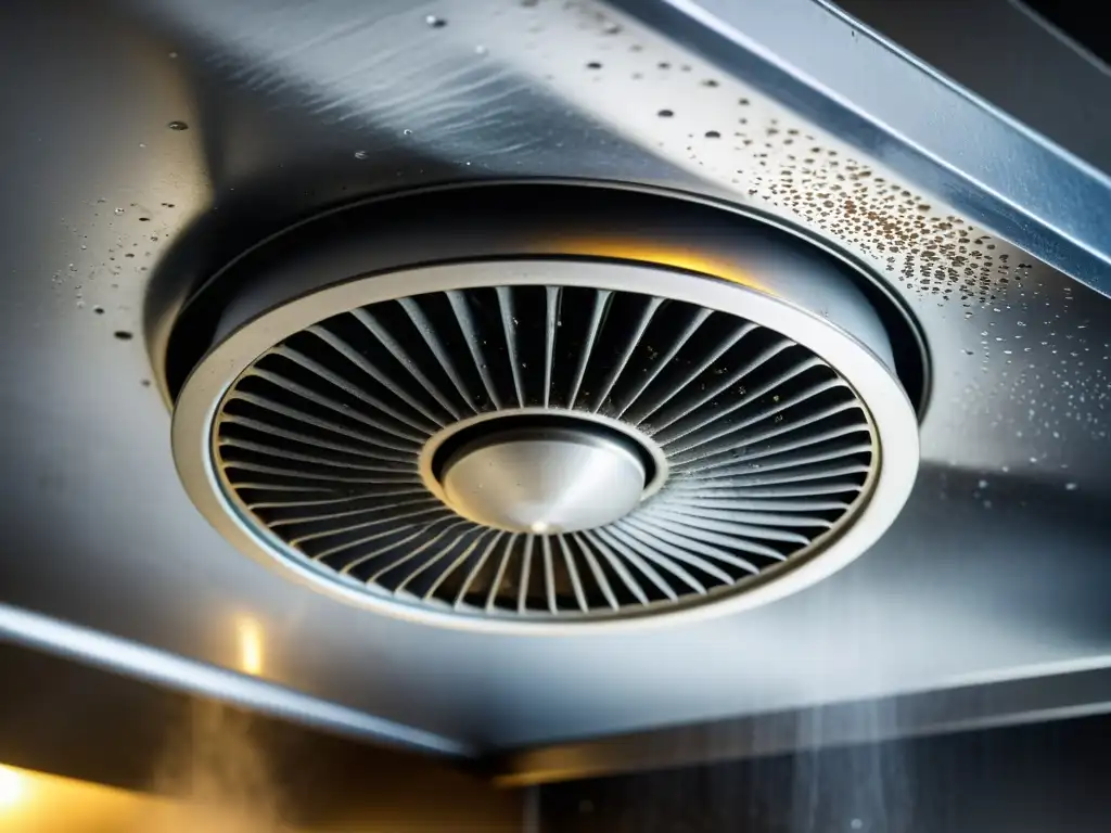 Acumulación de suciedad en extractor de cocina: imagen ultradetallada Extractor de cocina sucio con acumulación de grasa y suciedad, resaltando la importancia de limpieza