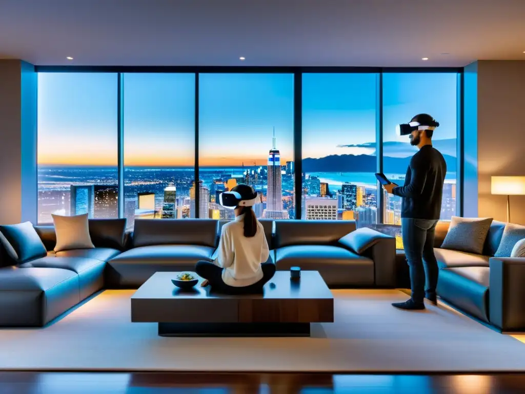 Una familia disfruta de la aplicación realidad aumentada gestión hogar en una sala futurista con dispositivos inteligentes y proyecciones de realidad aumentada mostrando información diversa, con una vista urbana al atardecer en el fondo