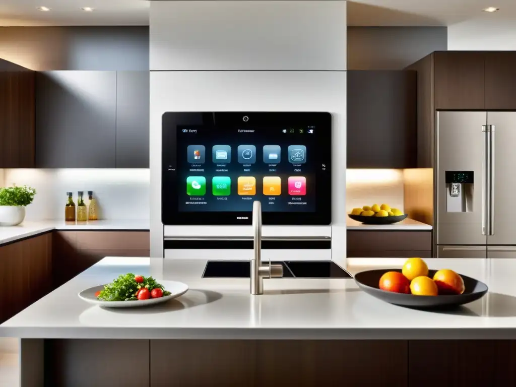 Cocina inteligente: tecnología integrada para un hogar moderno Una familia disfruta de una comida en una cocina moderna con gestión de electrodomésticos inteligentes a través de smartphones y tablets