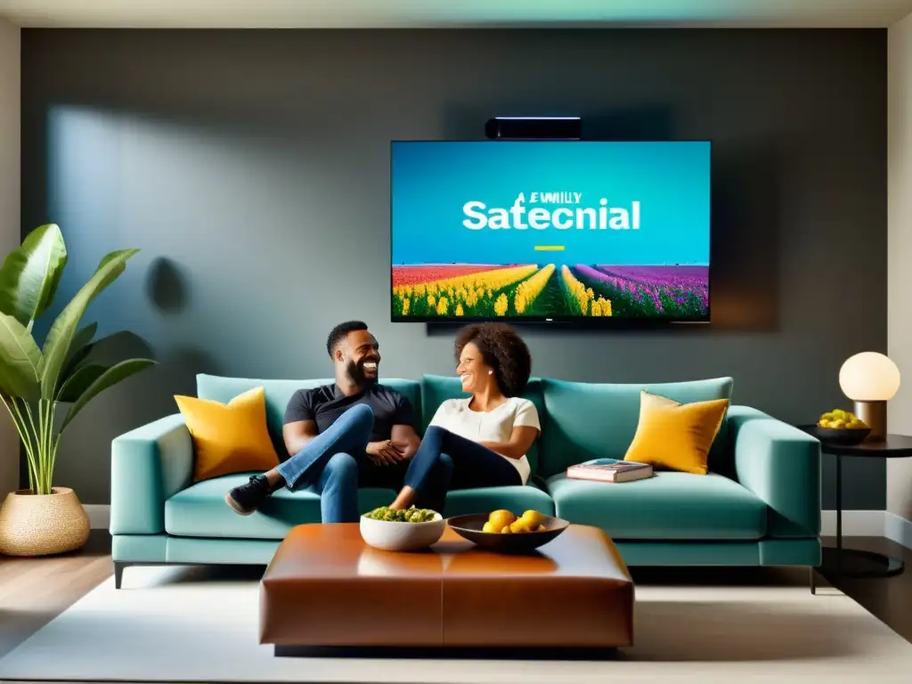 Sofá moderno y televisión 8K: unión familiar y entretenimiento Una familia disfruta de entretenimiento en su sala con impacto televisión en entretenimiento familiar
