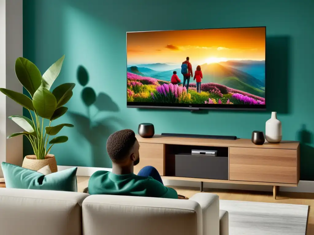 La familia disfruta de la experiencia inmersiva en su sala con una TV Smart, mostrando los beneficios de comprar una TV Smart