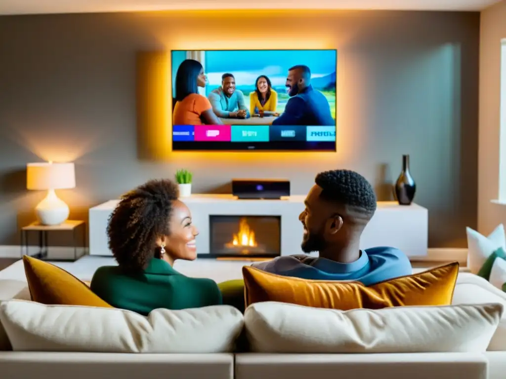 Encanto familiar: TV moderna y calidez en el hogar Una familia disfruta juntos en una acogedora sala con una pantalla de TV moderna como punto focal, creando un ambiente de entretenimiento familiar