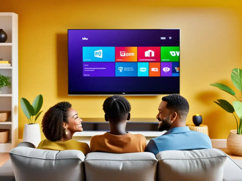 Disfrute familiar en sala moderna con TV Una familia disfruta de una serie familiar frente al televisor en una sala moderna y acogedora, con impacto televisión en entretenimiento familiar