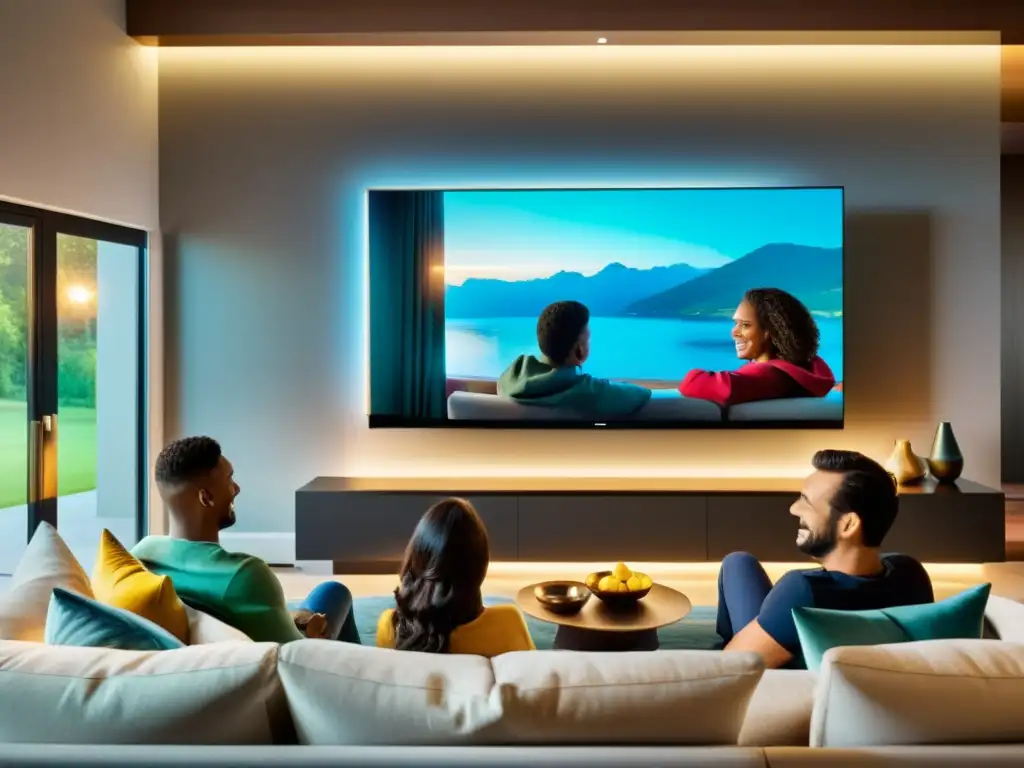 Disfrutando en familia: Cine en casa con TV de ultra alta definición Una familia sonriente disfruta de una película en una sala moderna con un televisor de alta definición