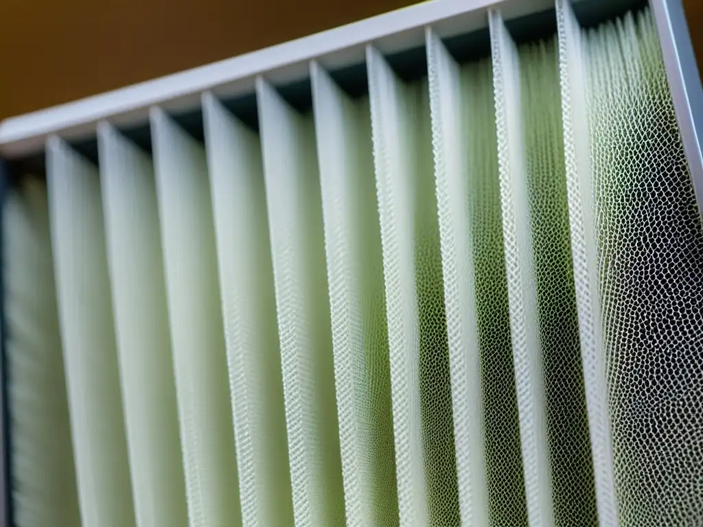 Captura detallada de filtro HEPA atrapando alérgenos Un filtro HEPA de cerca muestra su eficacia en capturar alérgenos, como polvo y polen