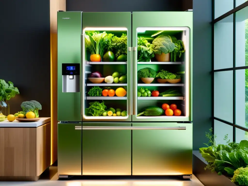 Innovadora nevera con jardines verticales integrados Un frigorífico que cultiva alimentos en una cocina futurista, con jardines verticales y una presentación sofisticada de ingredientes frescos