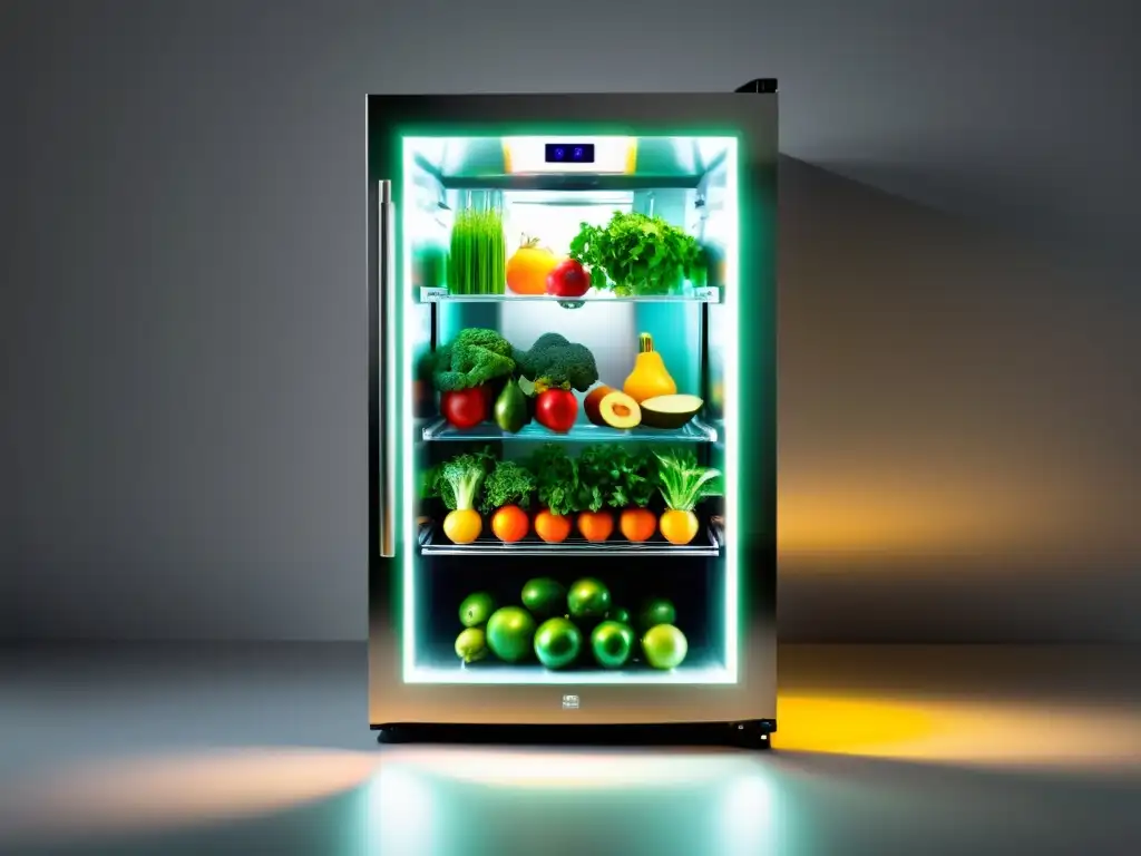 Refrigerador futurista con cultivo de alimentos Un frigorífico que cultiva alimentos, con hierbas, frutas y verduras vibrantes en estantes ajustables, iluminado por cálidas luces LED