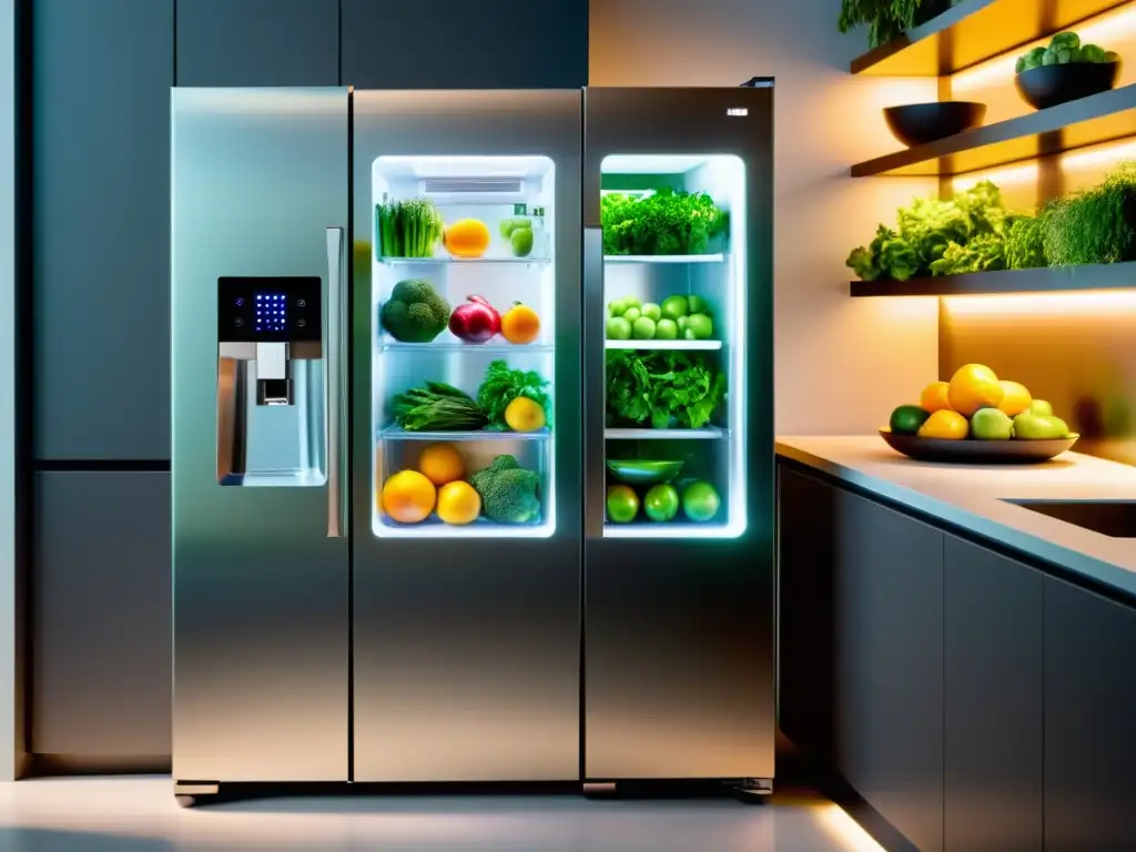Refrigerador futurista en cocina moderna: 8k Ultra Detallado Un frigorífico que cultiva alimentos integrado en una cocina moderna, con puertas transparentes que revelan productos frescos y vibrantes