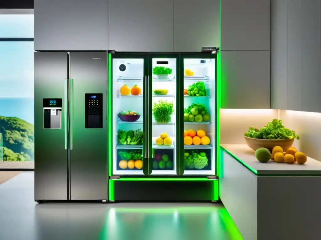 Refrigerador futurista exhibe frescura natural Un frigorífico que cultiva alimentos: una visión futurista y sofisticada de la integración de la tecnología y la naturaleza en la cocina