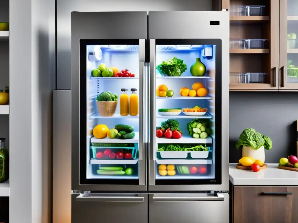 Refrigerador inteligente de alta tecnología para una cocina futurista Un frigorífico inteligente en una cocina contemporánea con beneficios para el hogar