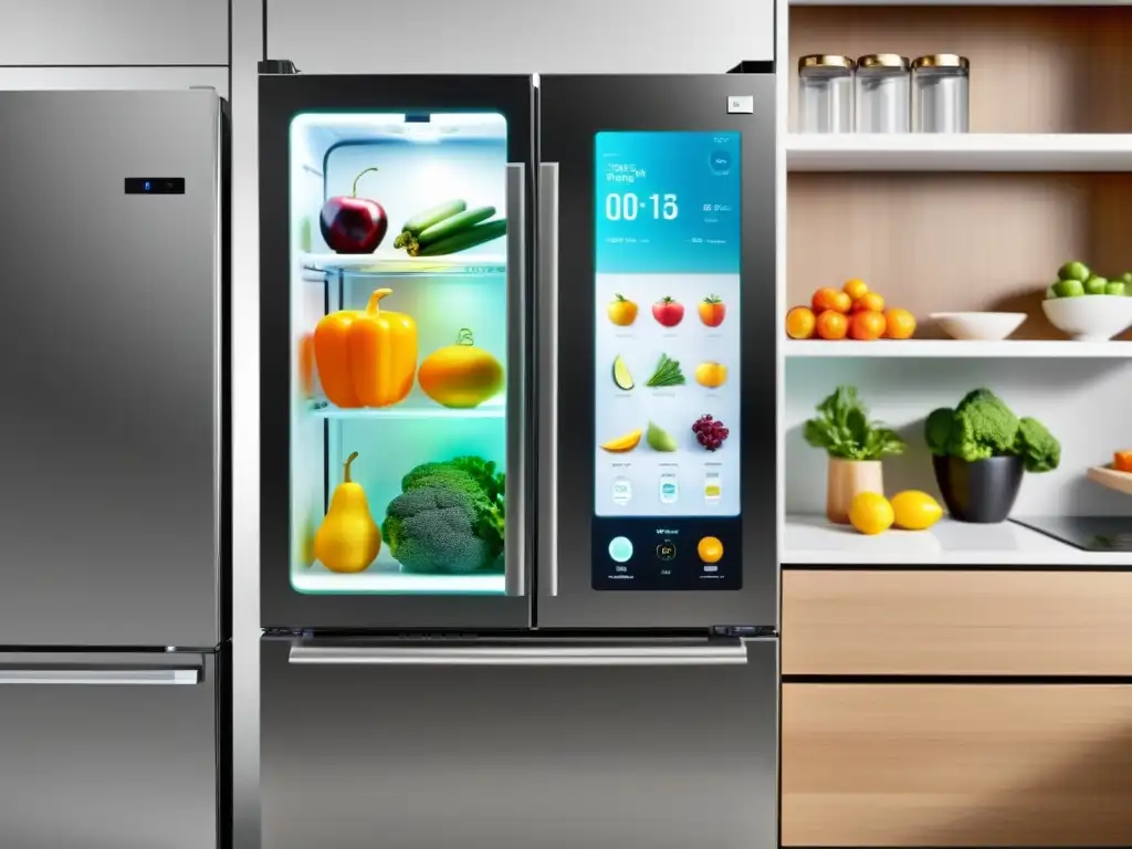 Refrigerador inteligente en cocina futurista Un frigorífico inteligente en una cocina futurista, con productos frescos y tecnología avanzada