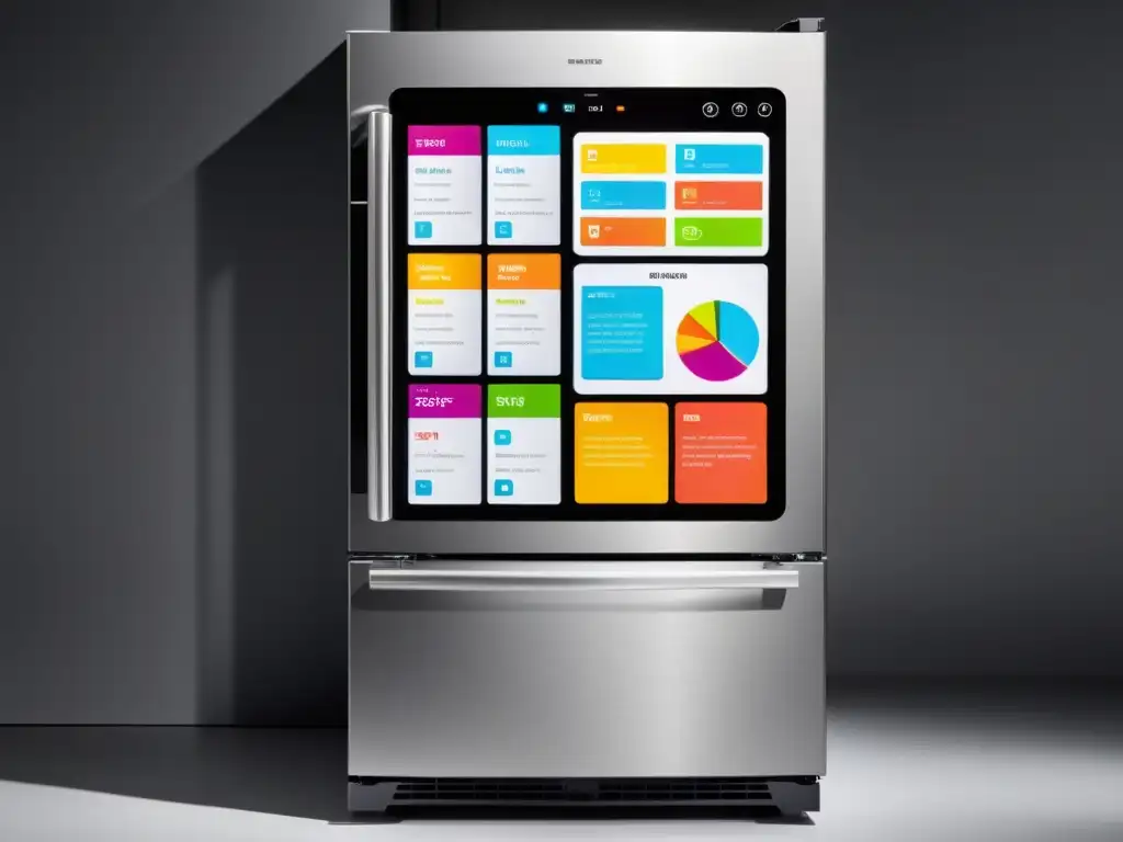Refrigerador inteligente: cocina minimalista con tecnología futurista Un frigorífico inteligente en una cocina minimalista, con pantalla táctil y beneficios frigoríficos inteligentes hogar
