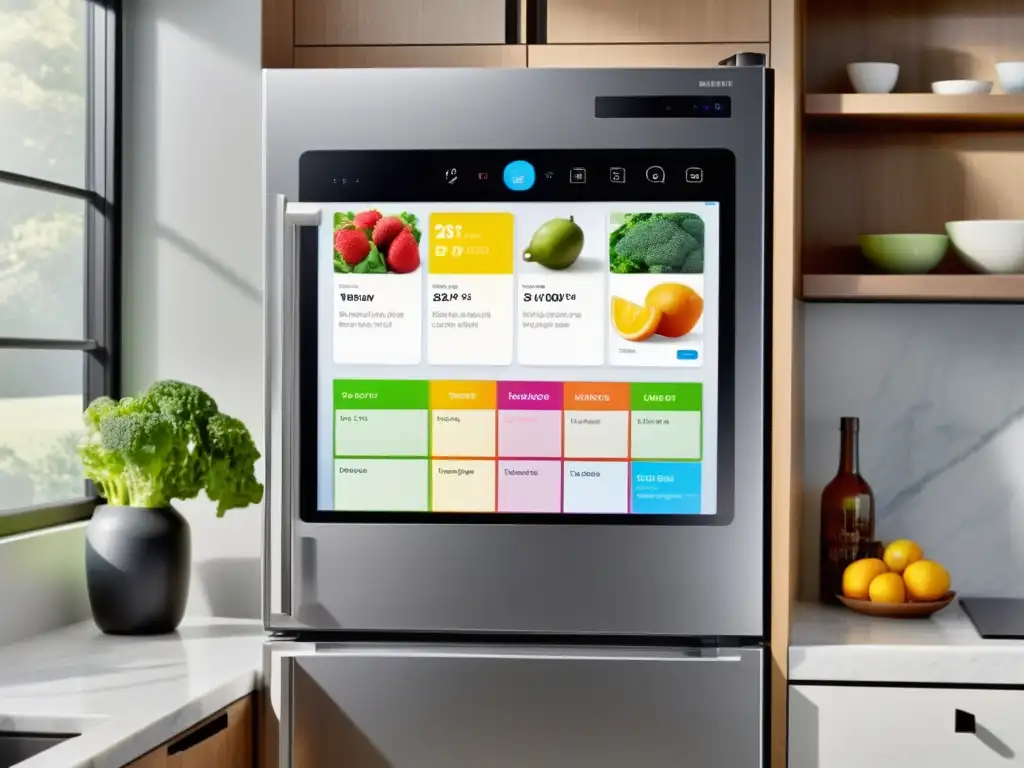 Refrigerador inteligente Samsung Family Hub: organización y comodidad Un frigorífico inteligente Samsung Family Hub en una cocina moderna y espaciosa, con pantalla digital mostrando beneficios del frigorífico inteligente Samsung y alimentos organizados en estantes de vidrio